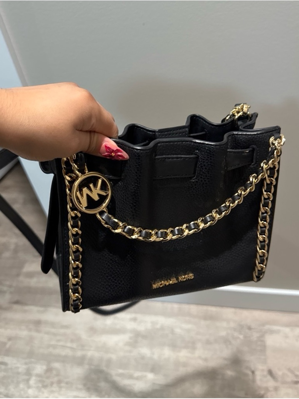 Michael Kors Black Leather Mini Chain Tote with Gold Hardware